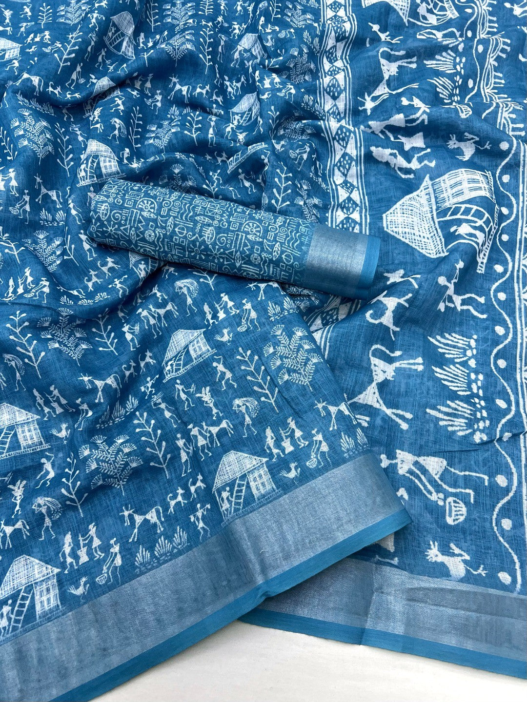 Traditional Blue Warli Tribal Digital Print Linen Cotton Saree Embellished With Zari Border - Image 2