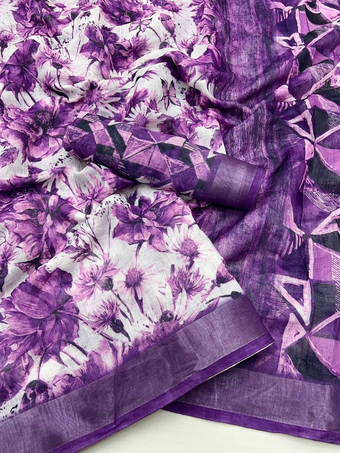 Charming Violet Floral Digital Print Linen Cotton Saree With Luxe Zari Weaving Border - Image 3