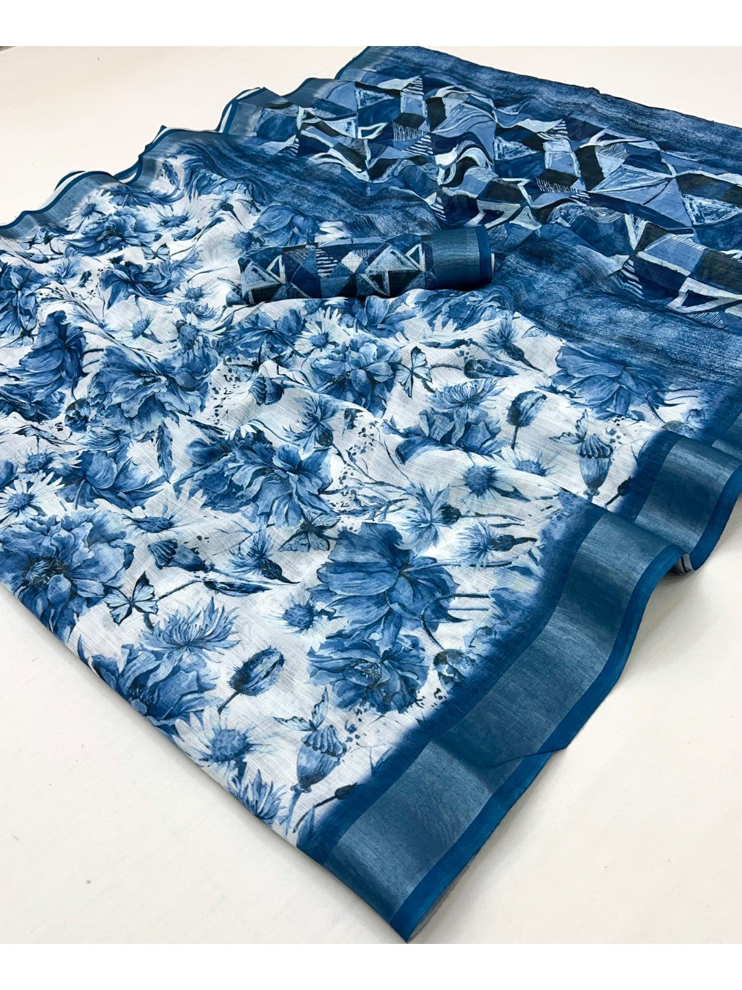 Charming Blue Floral Digital Print Linen Cotton Saree With Luxe Zari Weaving Border With Unstitched Linen Cotton Blouse Peice - Image 2