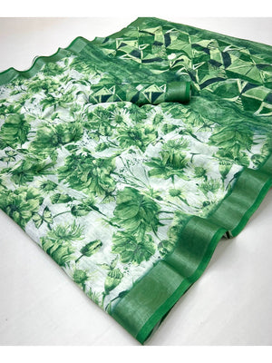 Charming Green Floral Digital Print Linen Cotton Saree With Luxe Zari Weaving Border - Image 2