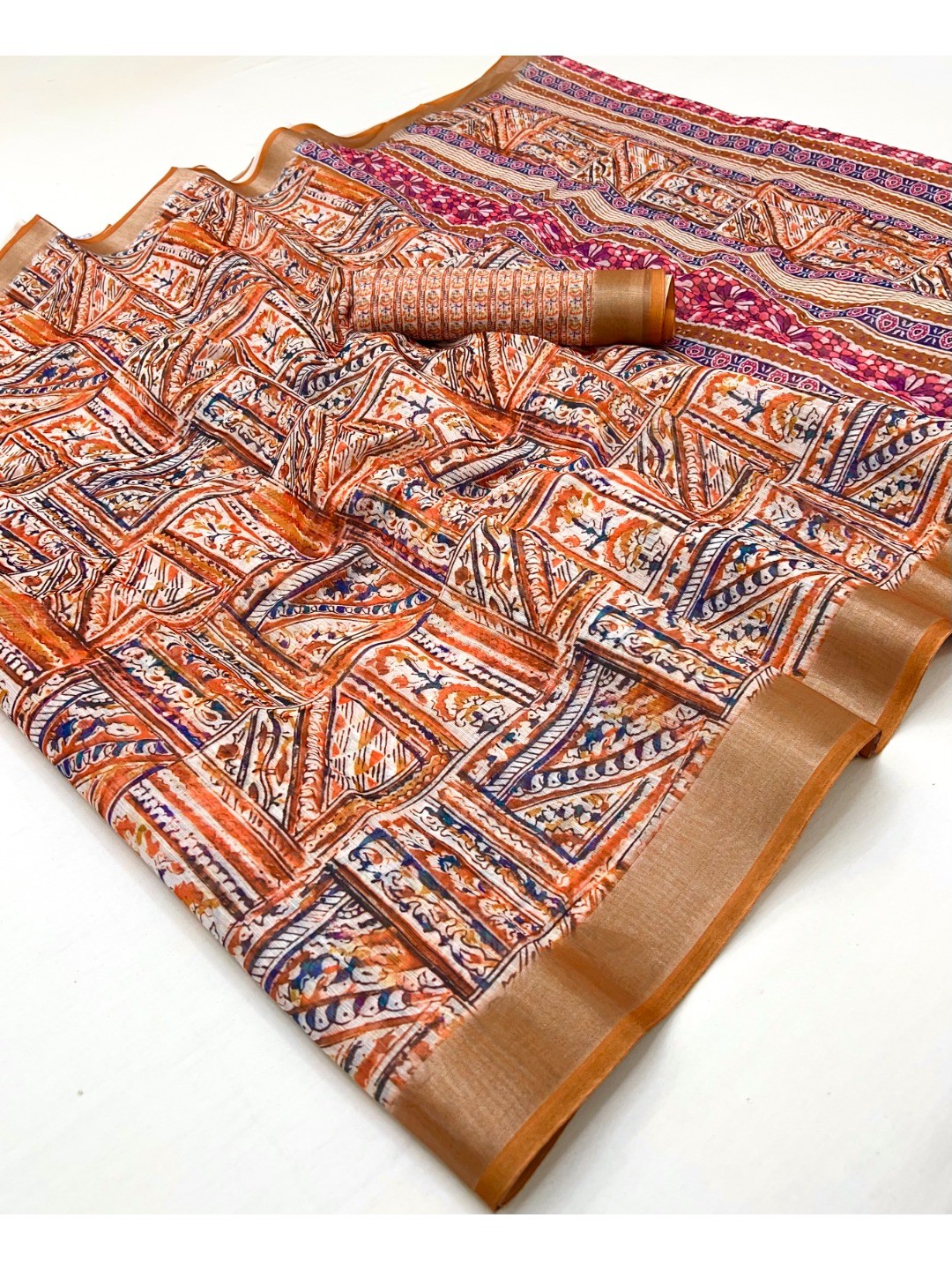 Traditional Rust Orange Folk Art Digital Printed Linen Cotton Saree With Elegant Zari Border - Image 1