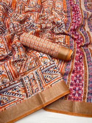 Traditional Rust Orange Folk Art Digital Printed Linen Cotton Saree With Elegant Zari Border - Image 2