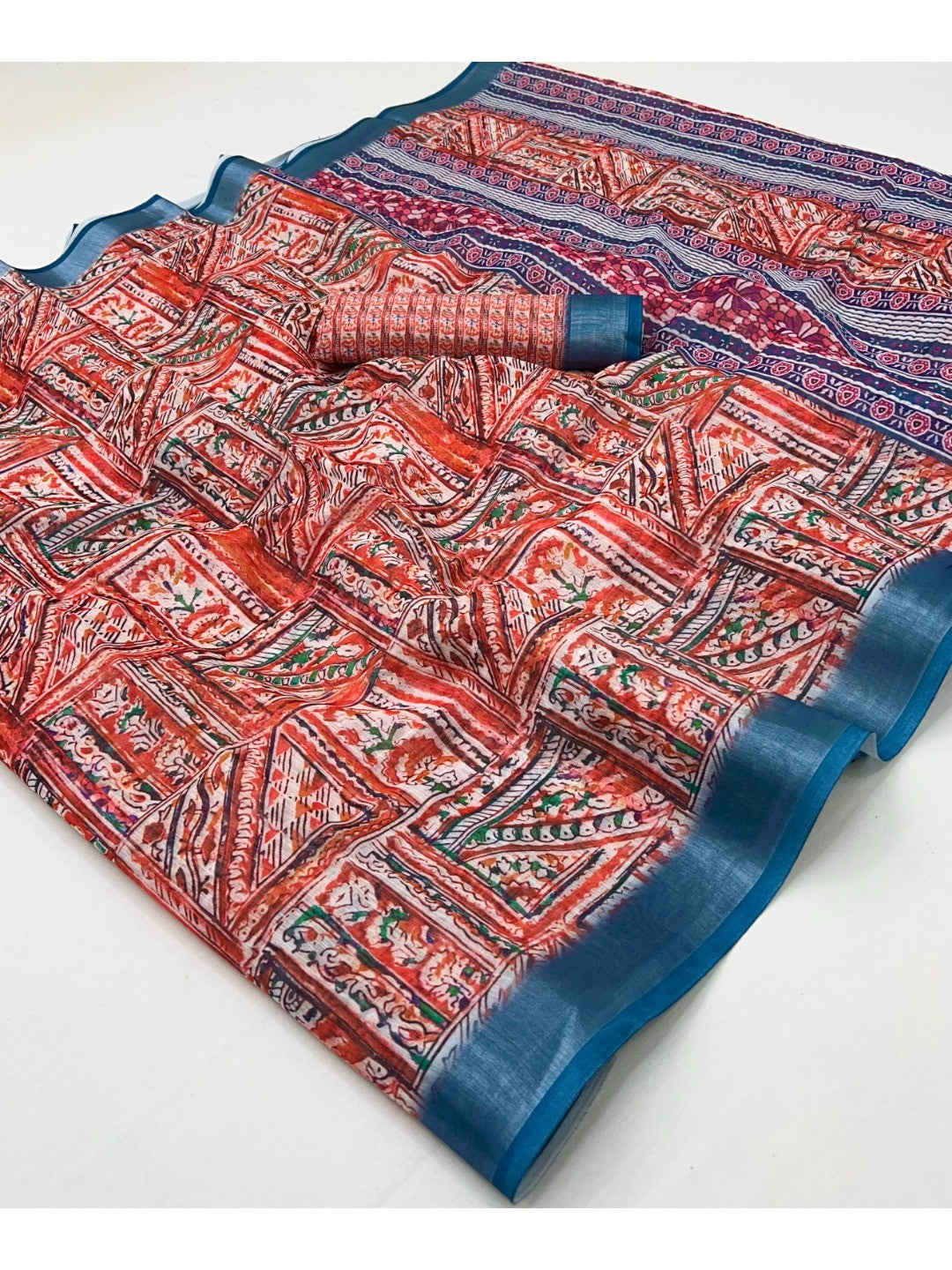 Traditional Red Folk Art Digital Printed Linen Cotton Saree With Elegant Zari Border - Image 1