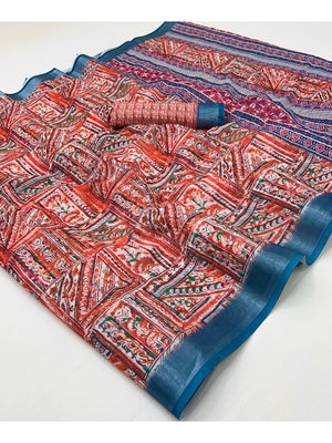 Traditional Red Folk Art Digital Printed Linen Cotton Saree With Elegant Zari Border - Image 1