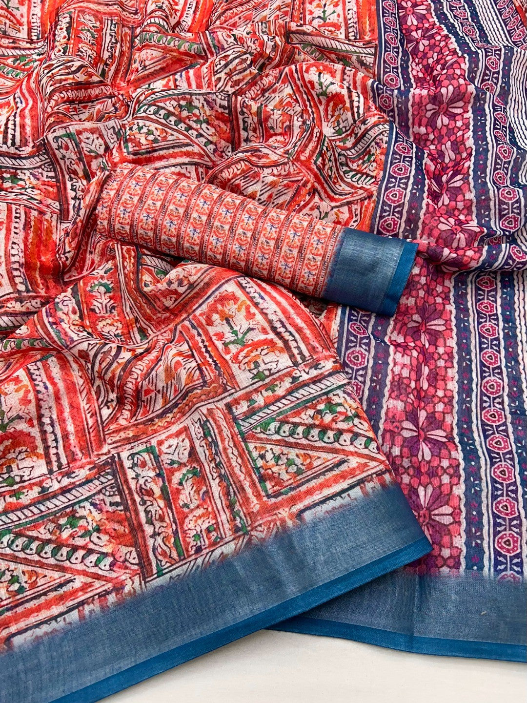 Traditional Red Folk Art Digital Printed Linen Cotton Saree With Elegant Zari Border - Image 2
