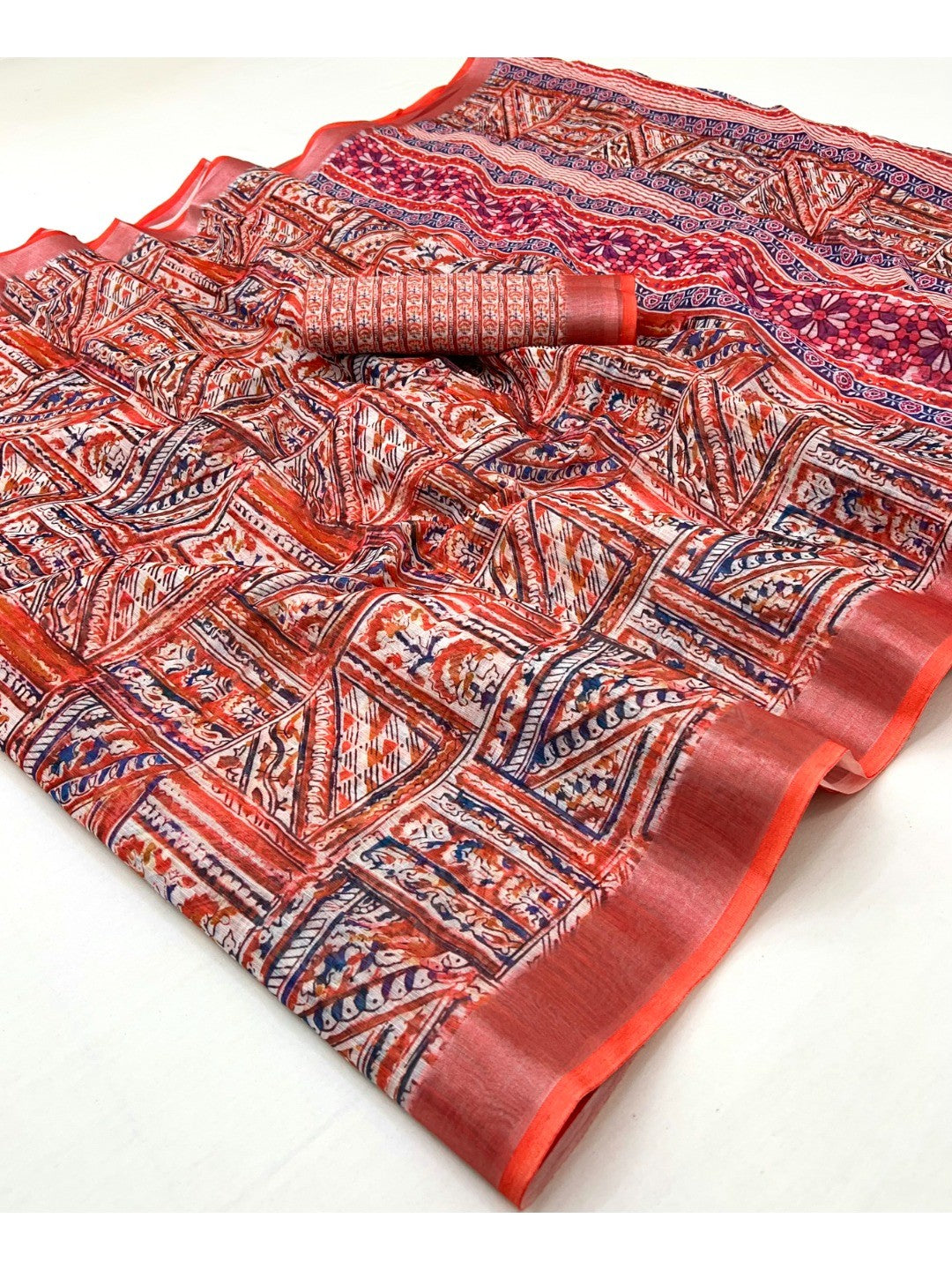 Traditional Coral Red Folk Art Digital Printed Linen Cotton Saree With Elegant Zari Border - Image 1
