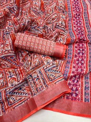 Traditional Coral Red Folk Art Digital Printed Linen Cotton Saree With Elegant Zari Border - Image 2
