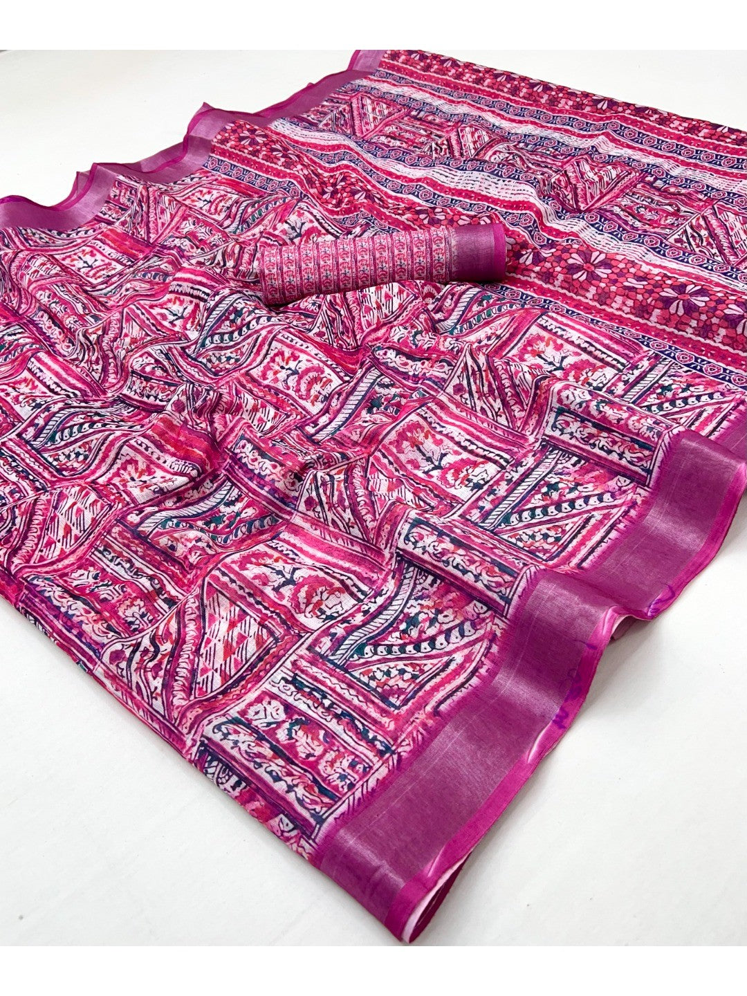 Traditional Magenta Folk Art Digital Printed Linen Cotton Saree With Elegant Zari Border  - Image 1