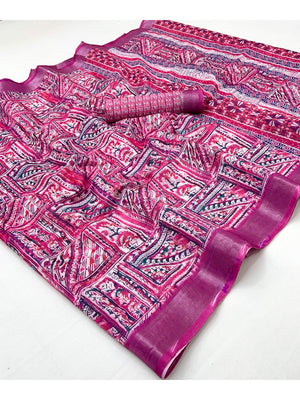Traditional Magenta Folk Art Digital Printed Linen Cotton Saree With Elegant Zari Border  - Image 1