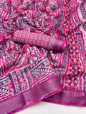Traditional Magenta Folk Art Digital Printed Linen Cotton Saree With Elegant Zari Border  - Image 2