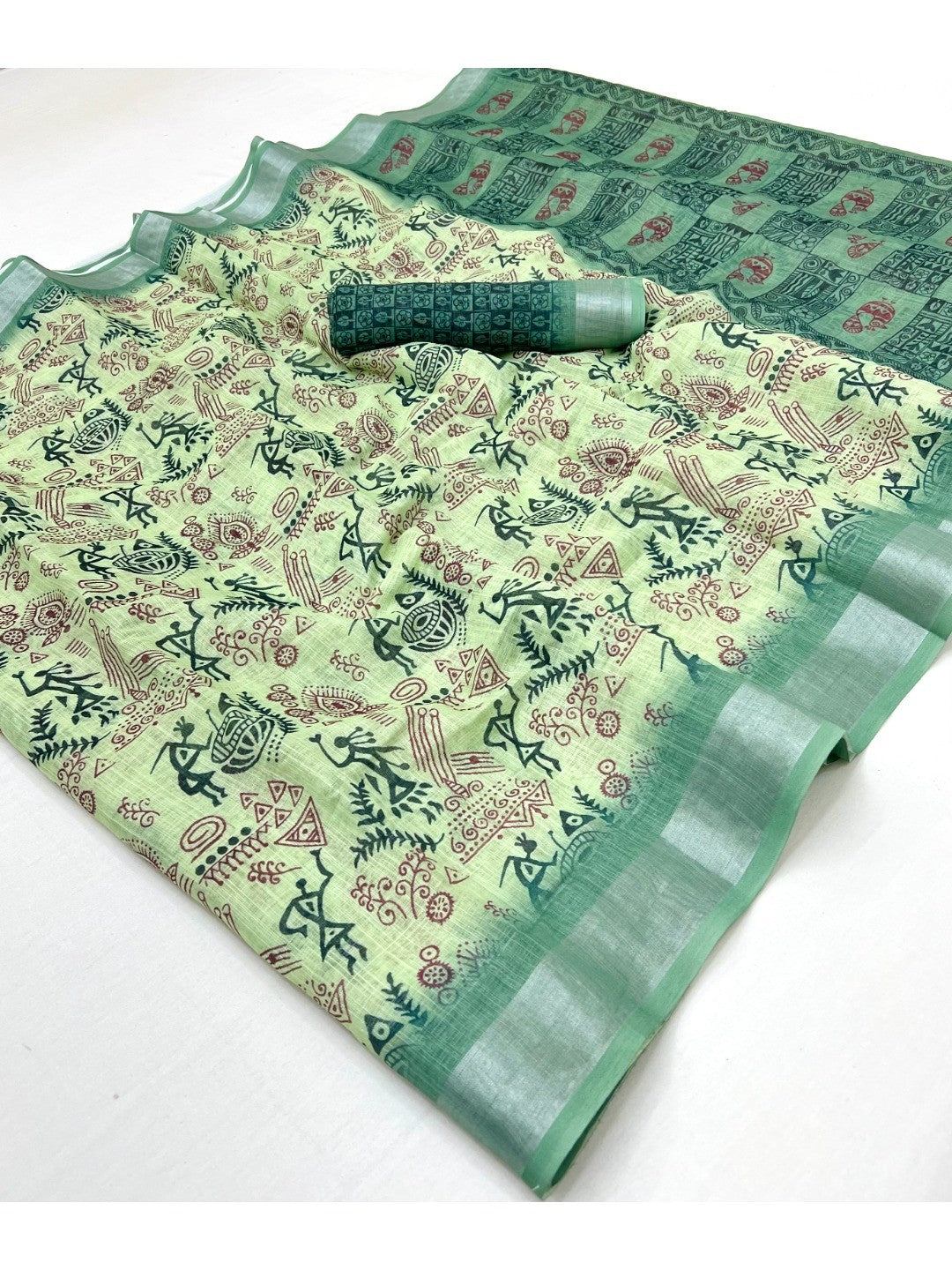 Classic Mint Green Warli Tribal Art Digital Printed Linen Cotton Saree With Zari Border - Image 2
