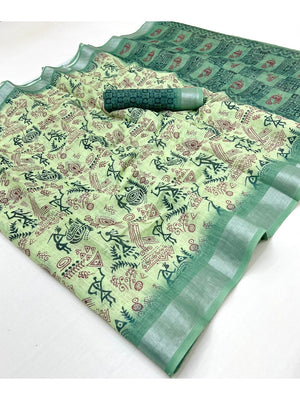 Classic Mint Green Warli Tribal Art Digital Printed Linen Cotton Saree With Zari Border - Image 2