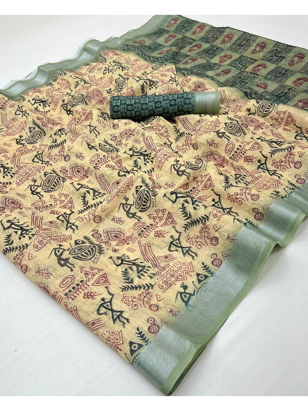 Classic Cream Warli Tribal Art Digital Printed Linen Cototn Saree With Zari Border - Image 2