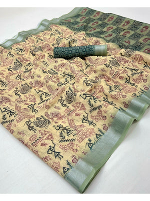 Classic Cream Warli Tribal Art Digital Printed Linen Cototn Saree With Zari Border - Image 2