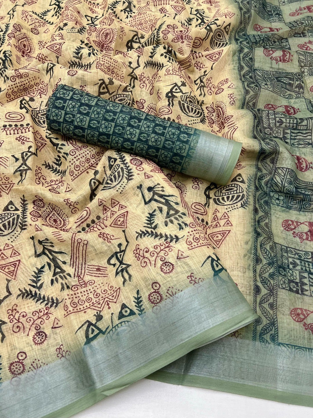 Classic Cream Warli Tribal Art Digital Printed Linen Cototn Saree With Zari Border - Image 3
