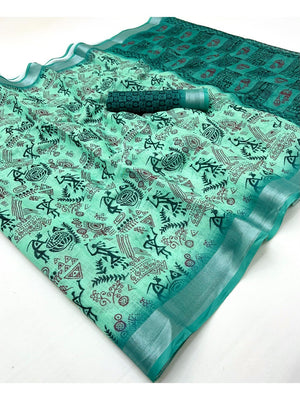 Classic Turquoise Warli Tribal Art Digital Printed Linen Cotton Saree With Zari Border - Image 2