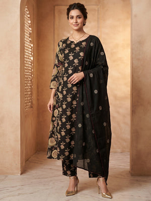 Black Straight Fit Pure Cotton Kurta Set with Floral Design Chic Wear - Image 1