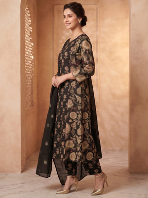 Black Straight Fit Pure Cotton Kurta Set with Floral Design Chic Wear - Image 2