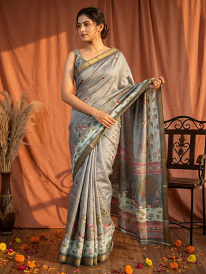 Elegant Grey Dola Silk Saree with Digital Print and Zari Border - Image 1