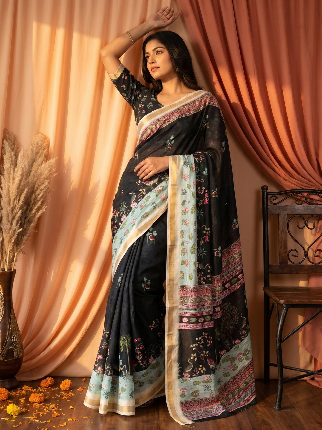 Elegant Black Dola Silk Saree with Digital Print and Zari Border - Image 1