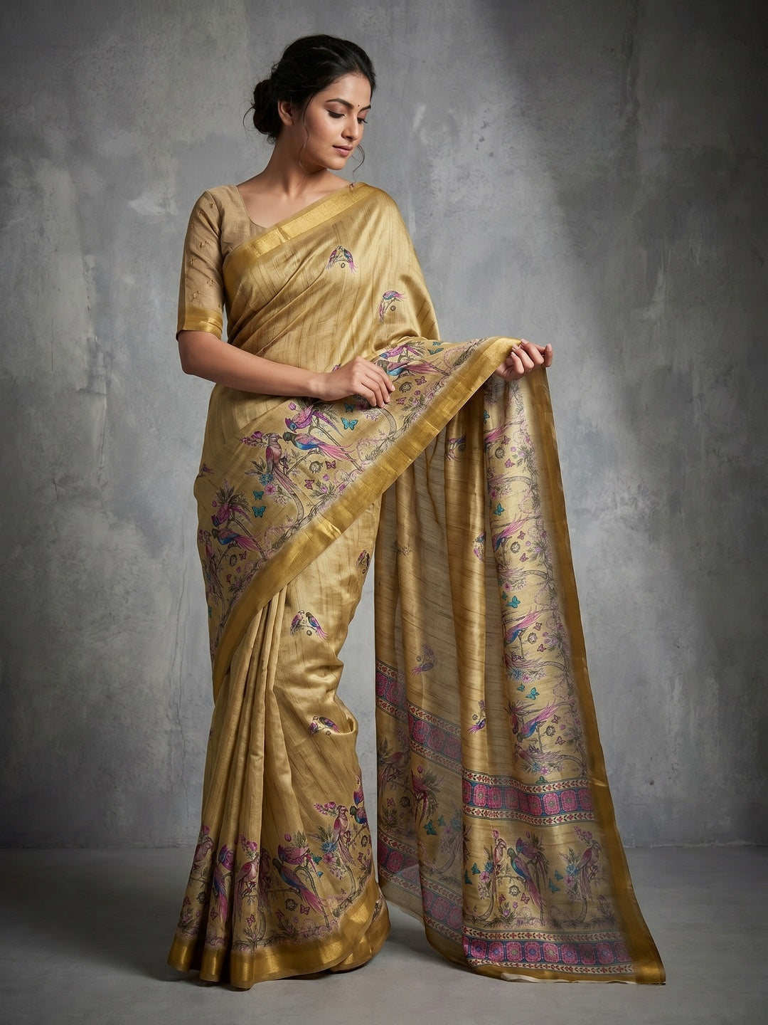 Mustard Dola Silk Saree with Elegant Digital Print and Zari Border - Image 1