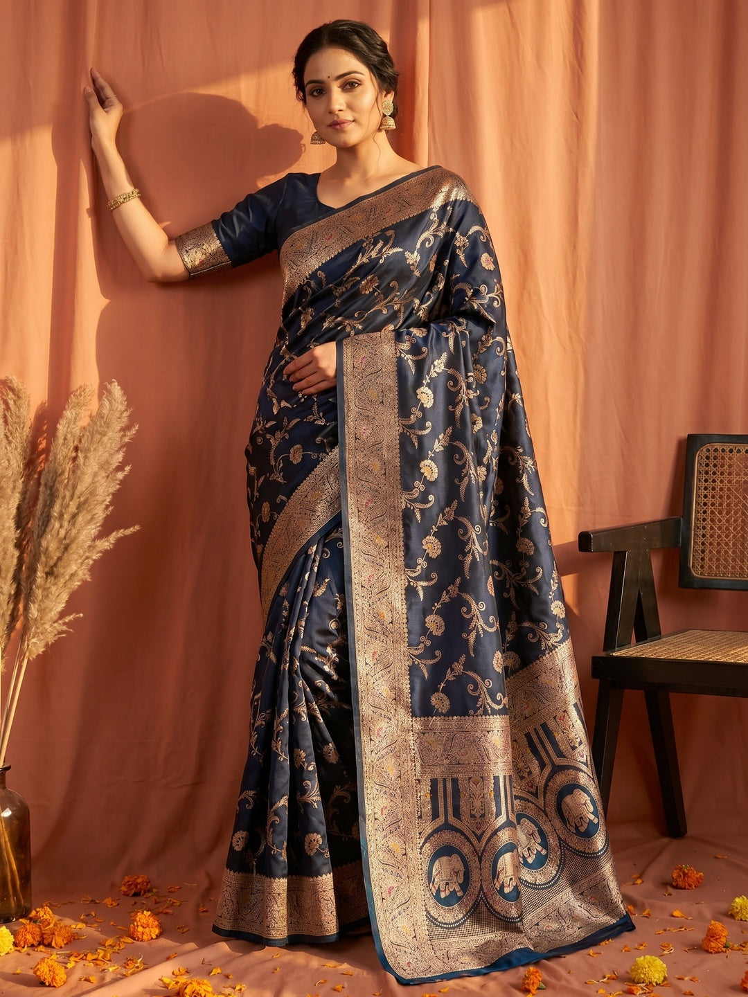 Classic Floral Zari Weaving Teal Satin Silk Saree with Sophisticated Drape - Image 1