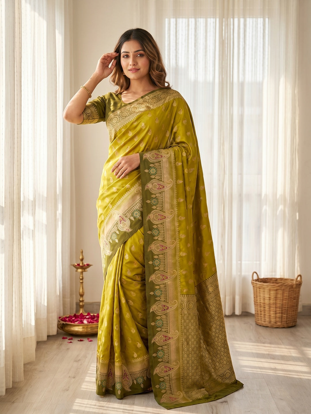 Elegant Green Satin Silk Saree with Intricate Zari Weaving and Paisley Motifs - Image 1