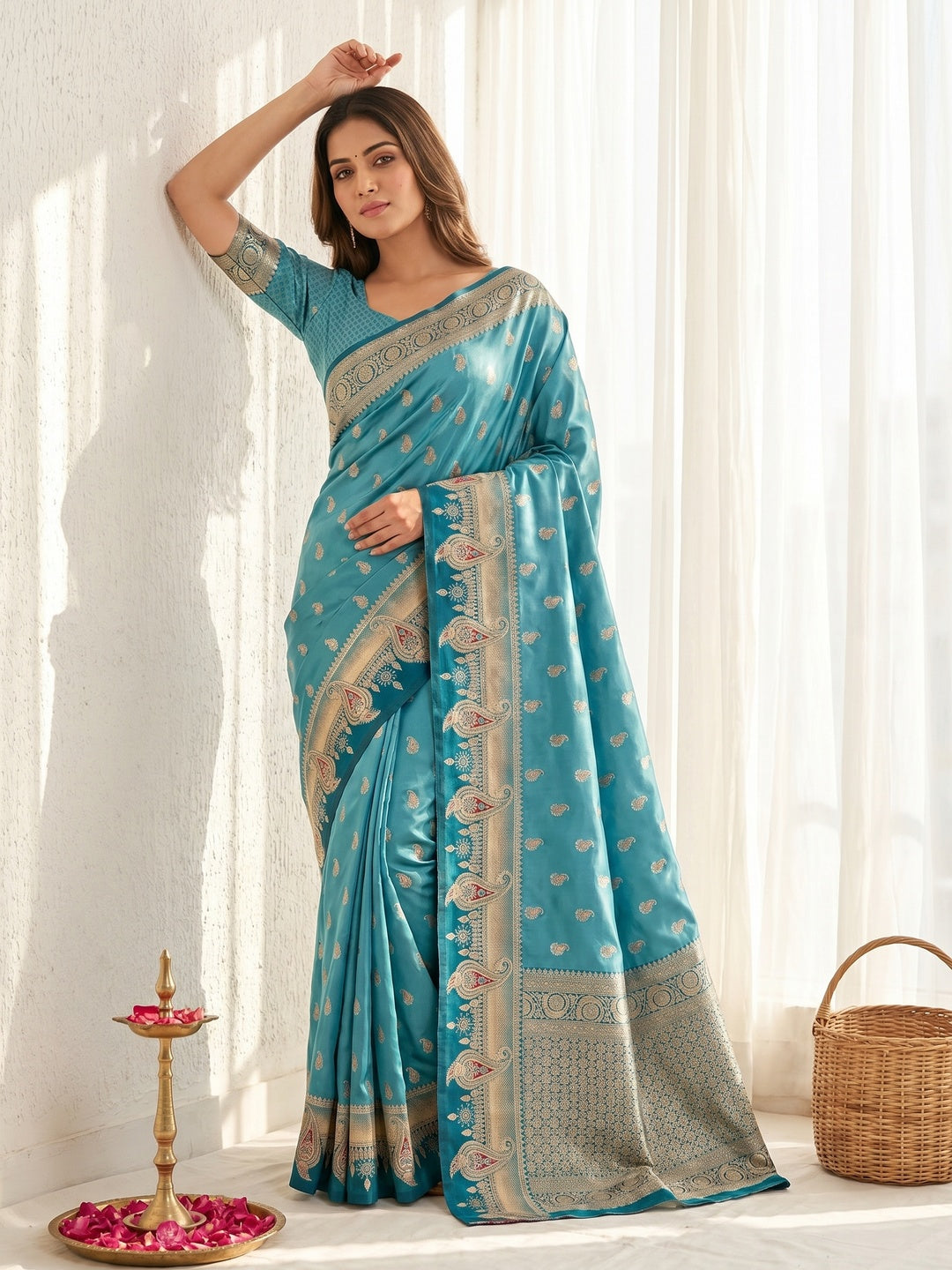 Elegant Rama Blue Satin Silk Saree with Intricate Zari Weaving and Paisley Motif - Image 1