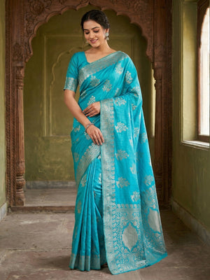 Stylish Blue Crepe Saree with Floral Zari Work Elegant Occasion Wear - Image 1