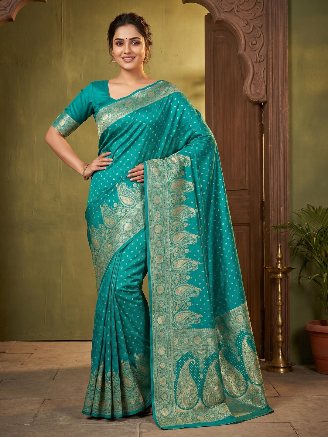 Elegant Rama Green Satin Saree with Intricate Zari Weaving - Image 1