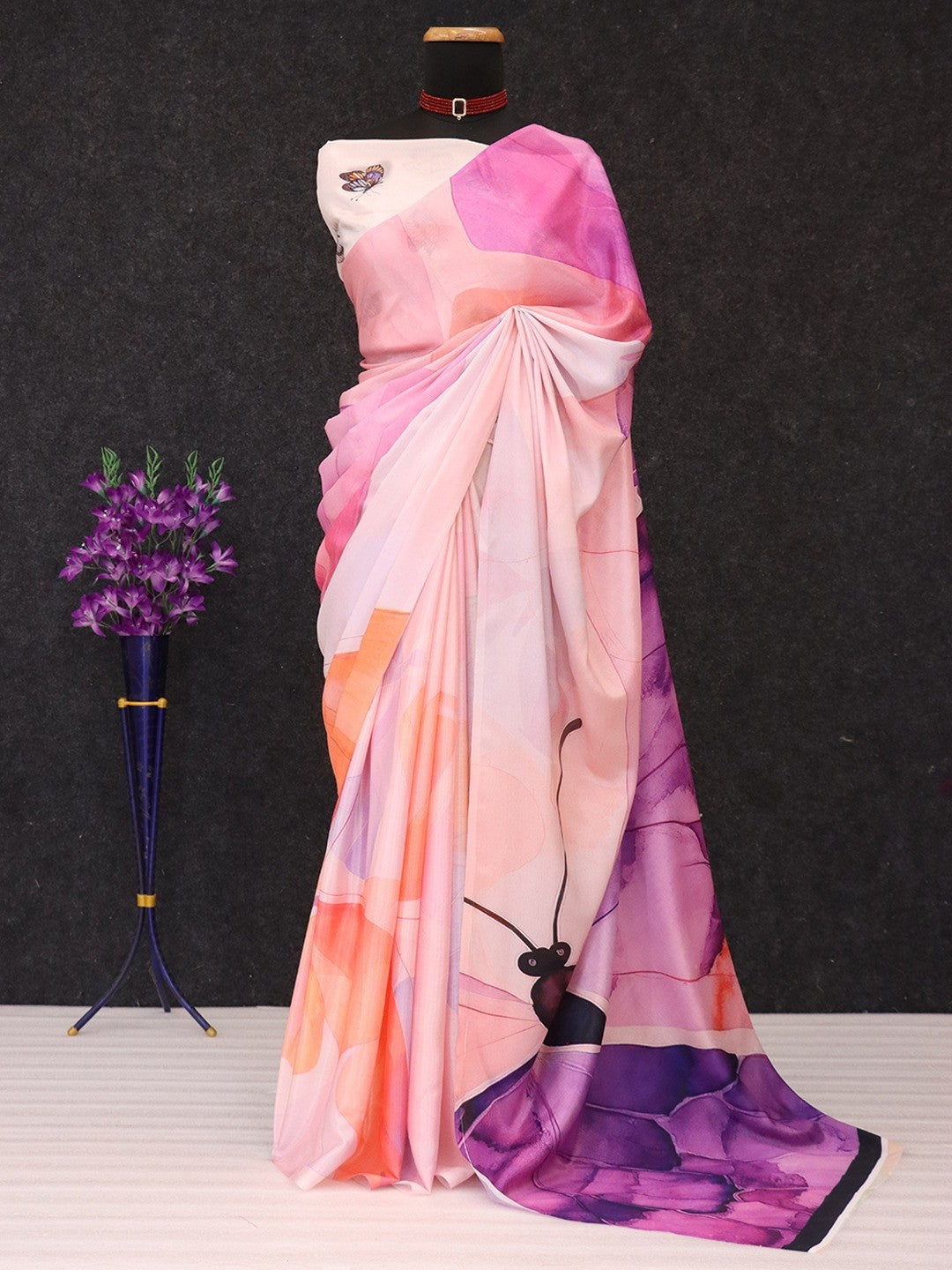 Graceful Peach & Purple Butterfly Digital Print Chinon Saree With Artistic Work Detailing - Image 5