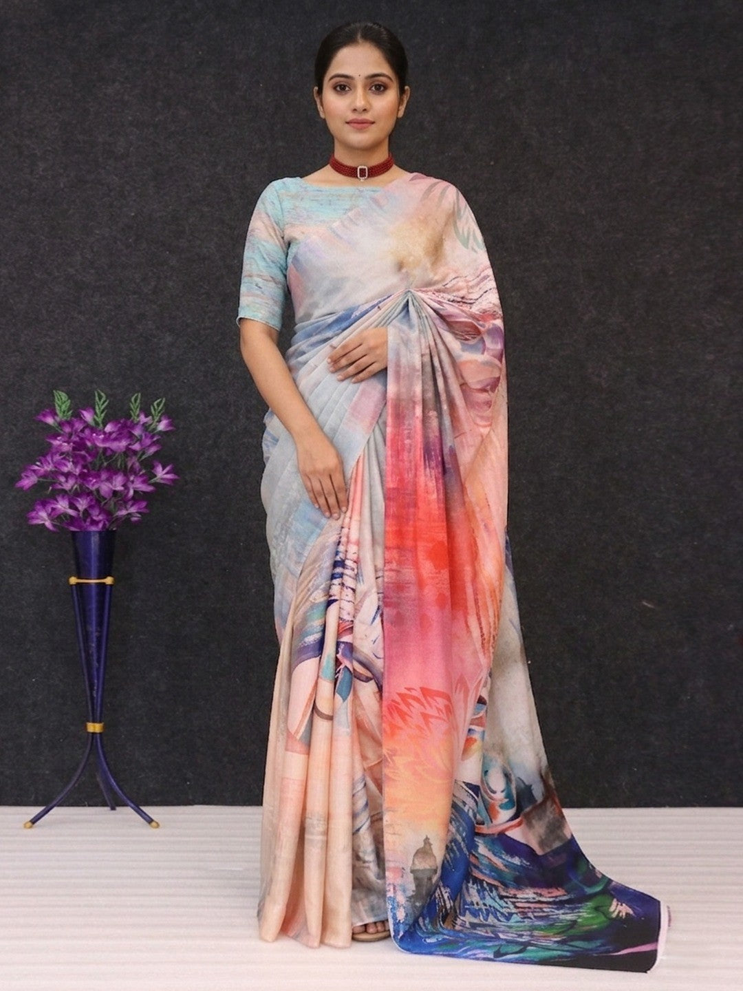 Luxurious Multicolor Abstract Digital Print Chinon Saree With Rich Craft Work - Image 1