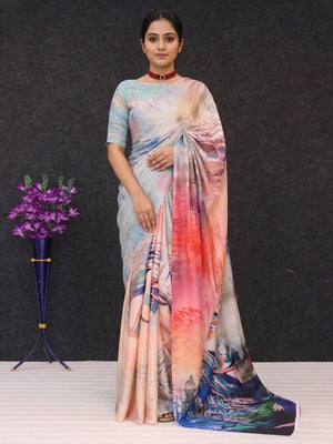 Luxurious Multicolor Abstract Digital Print Chinon Saree With Rich Craft Work - Image 1