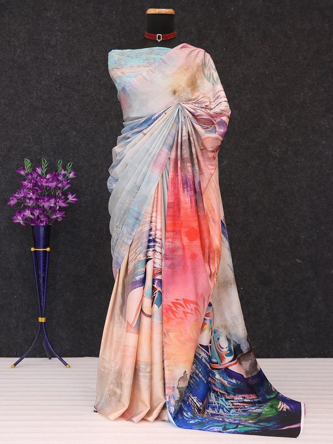 Luxurious Multicolor Abstract Digital Print Chinon Saree With Rich Craft Work - Image 5