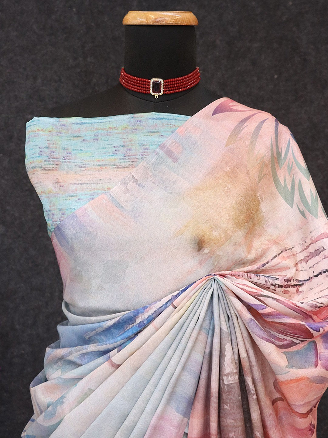Luxurious Multicolor Abstract Digital Print Chinon Saree With Rich Craft Work - Image 4
