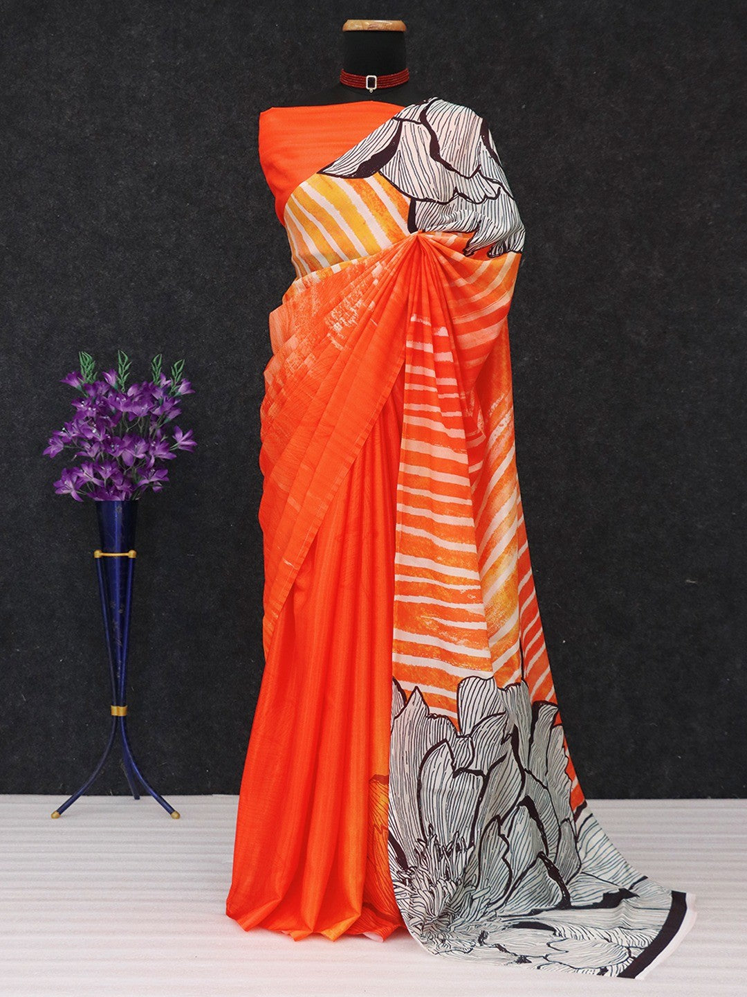 Gorgeous Orange Floral & Stripe Digital Printed Chinon Saree With Fine Work Finish - Image 5