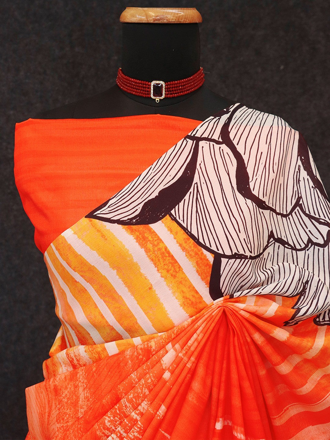 Gorgeous Orange Floral & Stripe Digital Printed Chinon Saree With Fine Work Finish - Image 4
