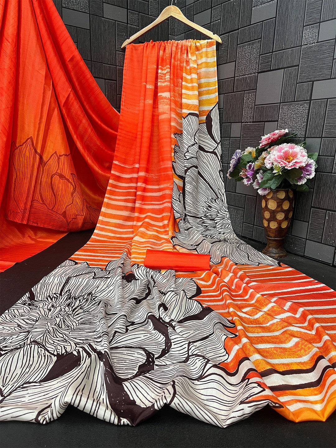 Gorgeous Orange Floral & Stripe Digital Printed Chinon Saree With Fine Work Finish - Image 3