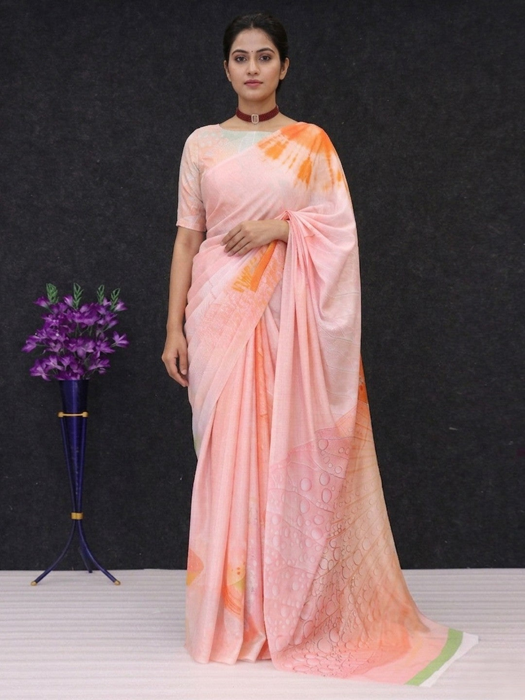 Designer Peach Abstract Digital Printed Chinon Saree With Fine Artistic Work Detailing - Image 1