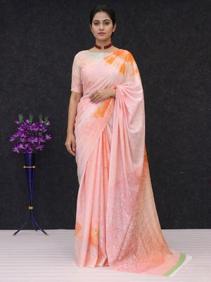 Designer Peach Abstract Digital Printed Chinon Saree With Fine Artistic Work Detailing - Image 1