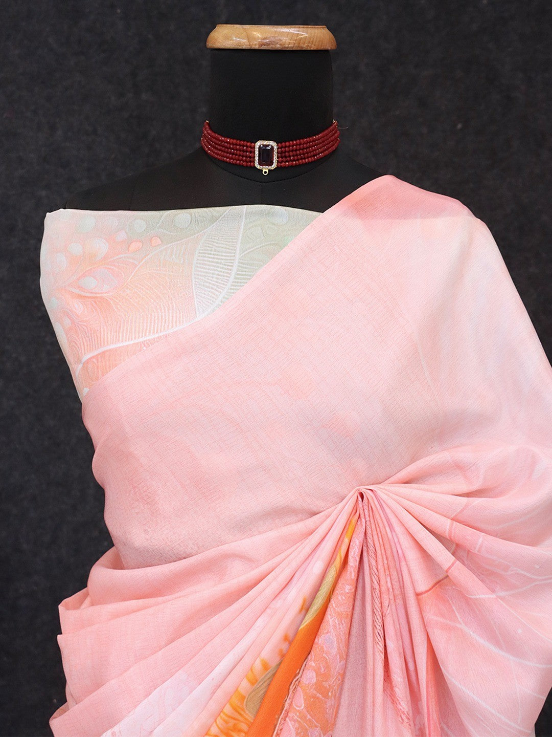 Designer Peach Abstract Digital Printed Chinon Saree With Fine Artistic Work Detailing - Image 4