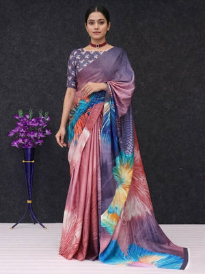 Charming Multicolor Abstract Art Printed Chinon Saree With Elegant Decorative Work - Image 1