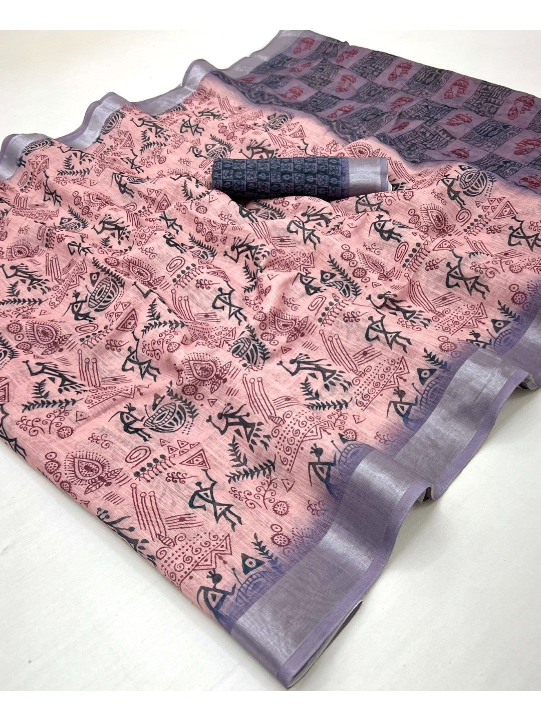 Classic Peach Warli Tribal Art Digital Printed Linen Cotton Saree With Zari Border - Image 2