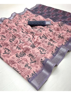 Classic Peach Warli Tribal Art Digital Printed Linen Cotton Saree With Zari Border - Image 2