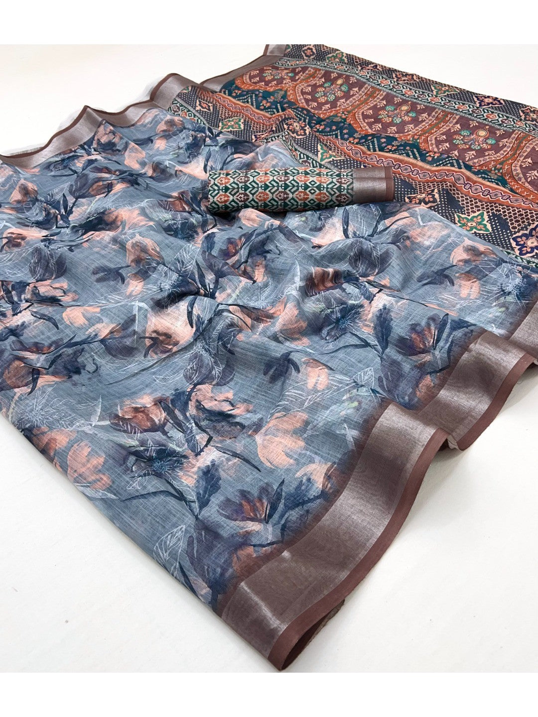 Elegant Grey Floral Art Digital Printed Linen Saree With Intricate Zari Border Work - Image 1