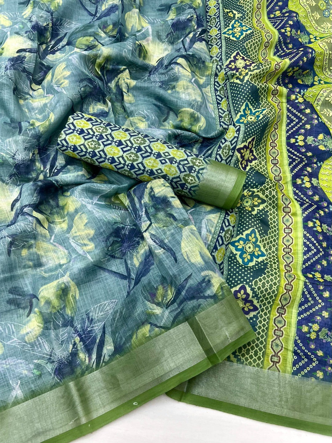 Elegant Green Floral Art Digital Printed Linen Saree With Intricate Zari Border Work - Image 2