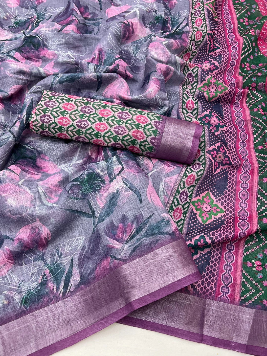 Elegant Purple Floral Art Digital Printed Linen Saree With Intricate Zari Border Work - Image 2