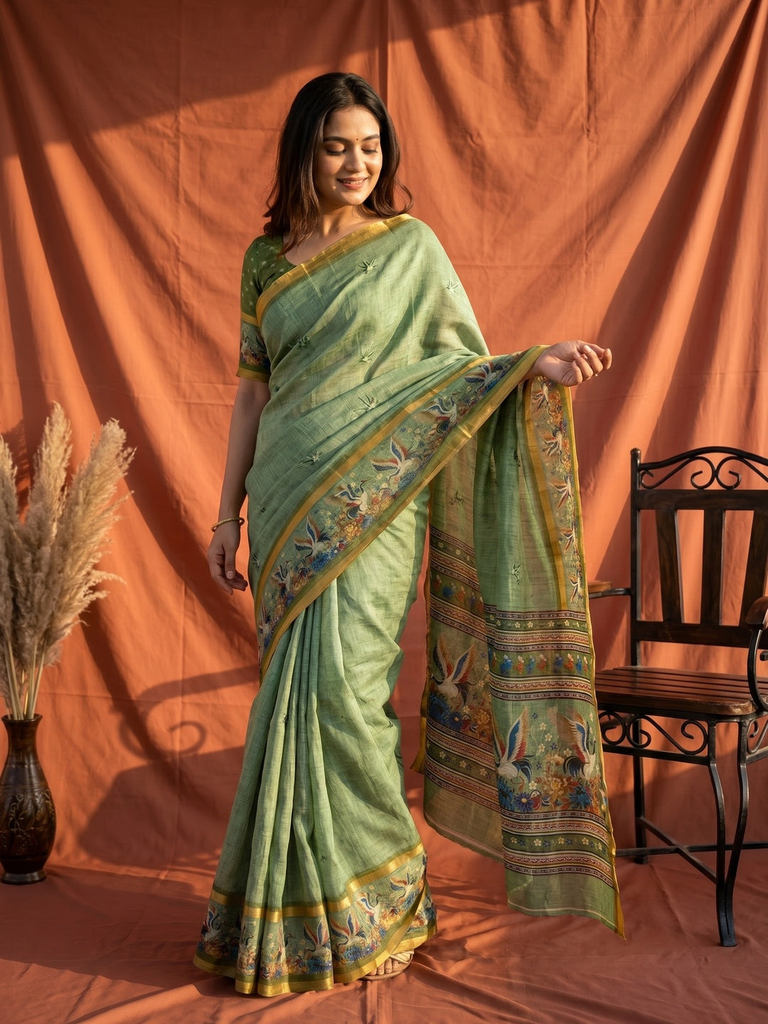 Elegant Green Pure Cotton Saree with Digital Print and Zari Border - Image 1