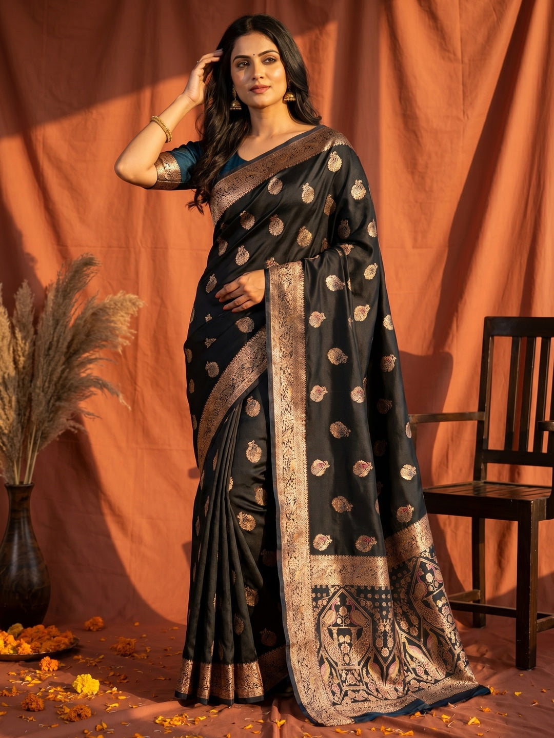 Elegant Teal Satin Zari Weaving Saree with Sophisticated Drape - Image 1
