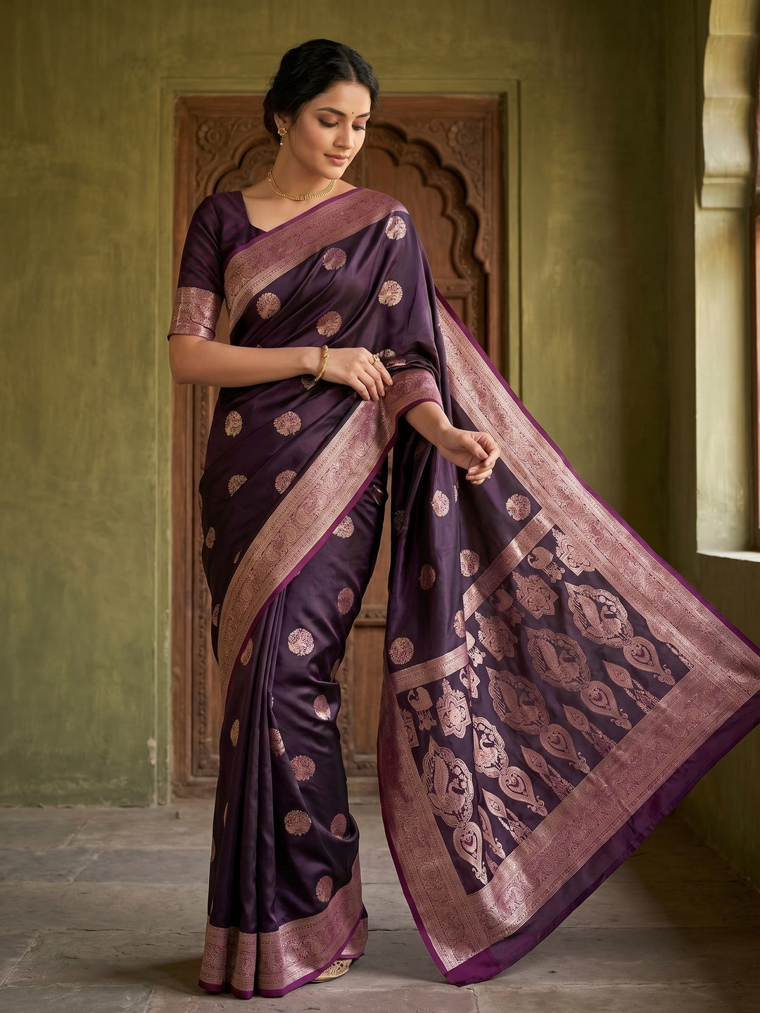 Elegant Wine Satin Saree with Sophisticated Zari Weaving and Floral Motifs - Image 1